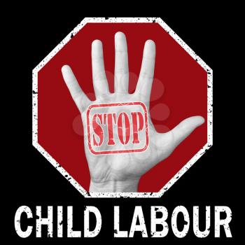 Stop child labor conceptual illustration. Open hand with the text stop child labor. Global social problem