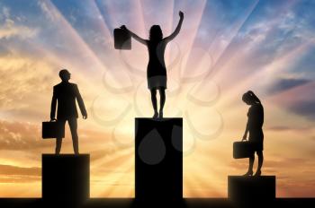 Concept hiring process. Silhouette of the jubilant woman who received the position, stands on the podium of the winner higher than the silhouette of an upset man and woman - nearby