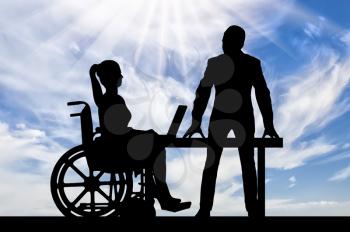 Disabled work concept. Silhouette worker supports and helps a disabled woman in a wheelchair at work