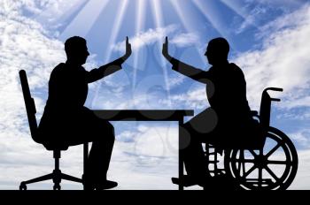 Disabled worker. Silhouette employer and disabled man in a wheelchair make hand gesture, give five
