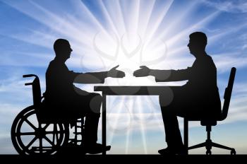 Concept of employment of persons with disabilities. Silhouette of a handshake between a disabled man in a wheelchair and an employer during an interview