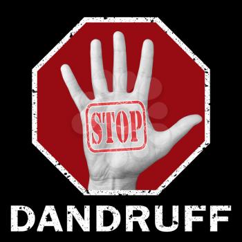 Stop dandruff conceptual illustration. Open hand with the text stop dandruff