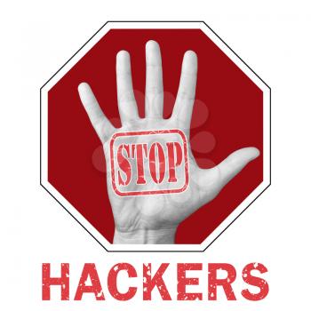 Stop hackers conceptual illustration. Open hand with the text stop hackers. Global social problem