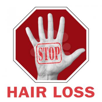 Stop hair loss conceptual illustration. Open hand with the text stop hair loss.