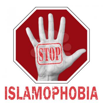 Stop Islamophobia conceptual illustration. Open hand with the text stop Islamophobia. Global social problem