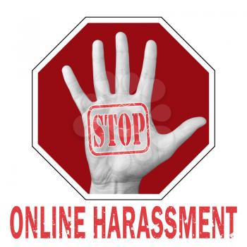 Stop online harassment conceptual illustration. Open hand with the text stop online harassment. Global social problem