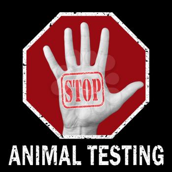 Stop animal testing conceptual illustration. Open hand with the text stop animal testing. Global social problem