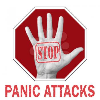 Stop panic attack conceptual illustration. Open hand with the text stop panic attack. Global social problem