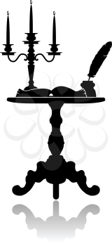 Silhouette of a coffee table with a candelabrum, inkwell and an open book.