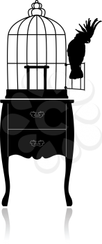 Silhouette of a large round birdcage, standing on the coffee table. Cockatoo sits on the door open cage.