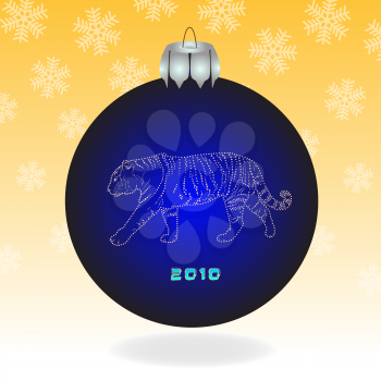 Dark blue fur-tree ball with a tiger on an orange background with snowflakes.