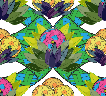 Exotic seamless background with the stylised fruit and leaves.