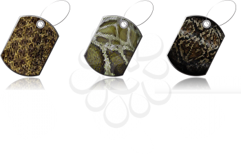 Set of labels of snake skin with reflection, isolated on white background.