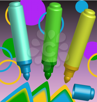 Three multi-coloured opened markers and cap on an abstract background.