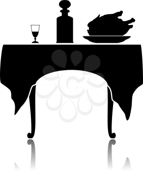 Silhouette of a restaurant little table with the laid cloth, a wine-glass, a shtof and a dish with a roast chicken.