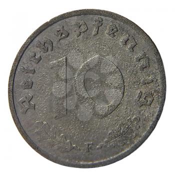 Close up of an ancient German coin of 1945.
