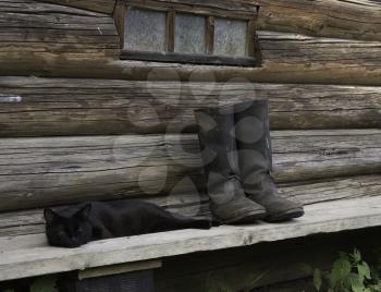 Black cat lying beside tarpaulin boots on a wooden bench. Focus on the boots.
