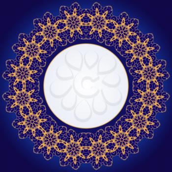Frame with a circular floral ornament on a blue background.