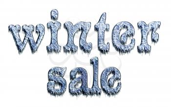 Winter Sale - sign letters of ice with icicles, isolated on a white background.