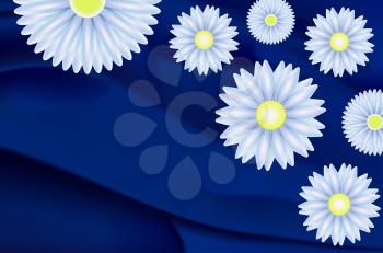 Beautiful abstract background with daisies and marguerites on a blue silk.
