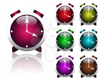 Beautiful multi-colored stylized alarm clocks isolated on a white background.