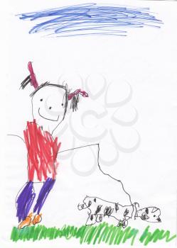 Girl walks with her dog. Children's drawing.