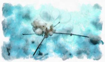 Sprig snowberry with fruits on a blue background. The watercolor.