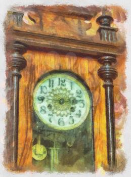 Watercolor painting with antique clocks, 19th century.
