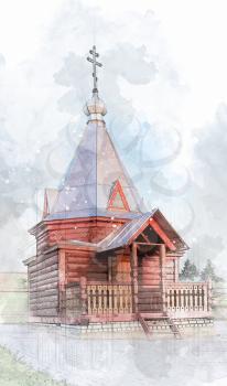 Architectural sketch wooden chapel Florus and Laurus over the source. Vatutine village, Udomlya District, Tver region, Russia