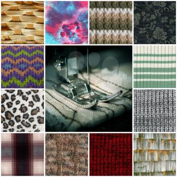 Collage of knitted and wooden textures and with the sewing machine in the center.