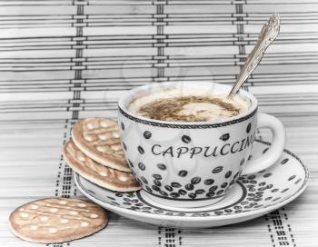 Beautiful background with a coffee Cup and biscuits. Black and white photography with color elements.