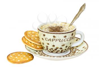 Beautiful background with a coffee Cup and biscuits. Isolated on white.