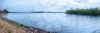 Panorama of Lake Udomlya. On the horizon the towers of the KNPP. Russia.