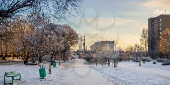 Prospect Energetikov winter evening, the city Udomlya, Russia, Tver region.