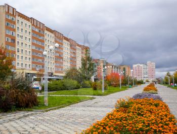 City Udomlya, Russia - 26 September 2012: Walkway along the avenue Energetic, Russia, Tver region