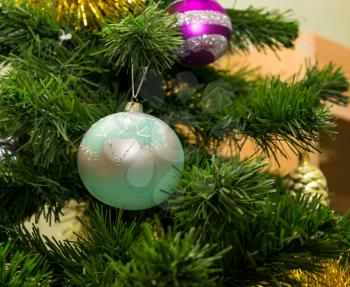 Beautiful green Christmas ball with maple leaves among fir branches.