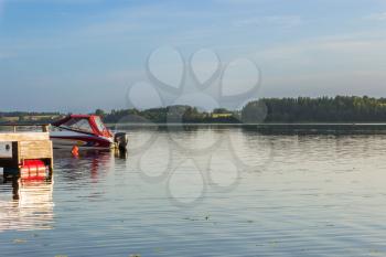 Motor boat on the lake Perhovo, Tver region, Russia.