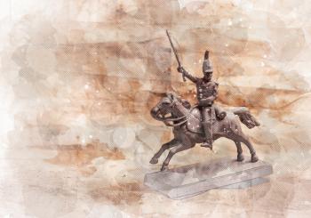 Stylized pencil drawing with Figurine soldier on a horse on the background of old paper.