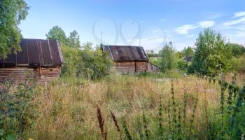 Sunny summer landscape with wooden houses in the village of Palcevo. Russia, Tver region, Bologovsky District.