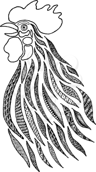 Stylized drawing of a rooster singing in the zentangle style. Zen art. Ornament. Drawn by hand.