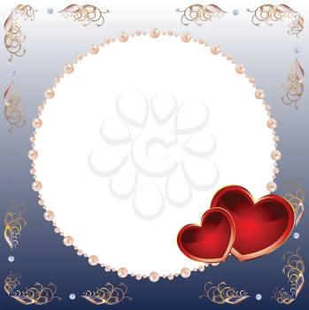 Square card by day of Valentine in dark blue tones, with red hearts and a pearl framework.