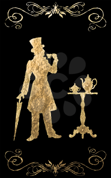 The man in clothes of XIX century with an umbrella and in the cylinder costs at a restaurant little table and holds in a hand a cup of coffee. Gold foil. There is an option in the vector.
