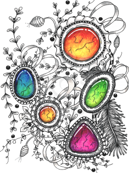 Abstract drawing with precious stones in the style of zenart.