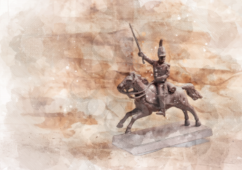 Stylized pencil drawing with Figurine soldier on a horse on the background of old paper. There is a variant in the vector.