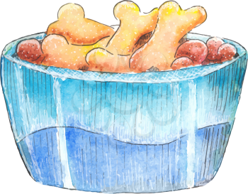 Dog bowl with crunchy bones. Watercolor sketch. Drawn by hand. Isolated on white. There is an option in the vector.