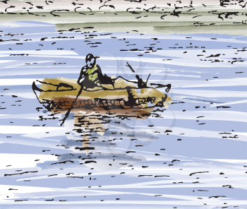 A hand-drawn sketch of a fisherman on the water in calm weather. Design for card, poster or wallpaper. Inc. Sketch markers. Isolated. There is an option in the vector.