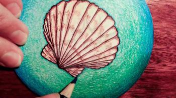 The artist paints a shadow near a seashell. Colour pencils.