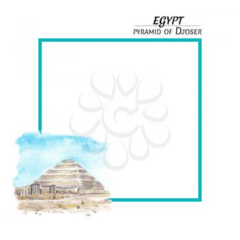 Greeting card with the Egyptian pyramid of Djoser in a watercolor style and a turquoise frame on a white background. Square mock up, template for greeting, birthday card, posters with text place.