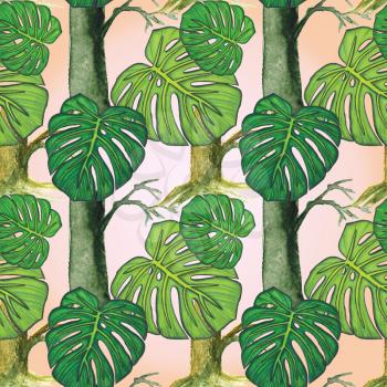 Seamless background. Watercolor trees and monstera leaves, drawn with colored pencils. Design for card, poster or wallpaper.