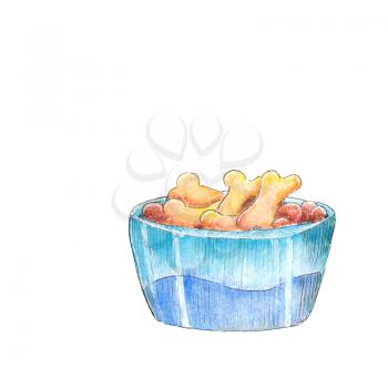 Dog bowl with crunchy bones. Watercolor sketch. Isolated on white.